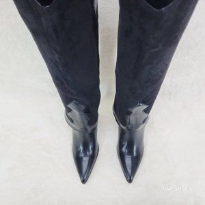 Branded Black Skirted Fold Over Western Knee High Cowgirl Boots